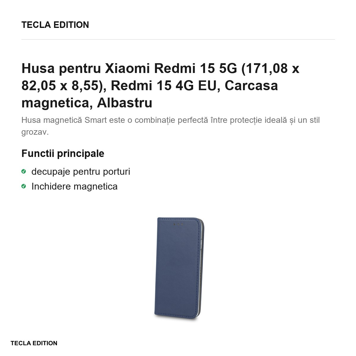 Husa Smart Magnetic pentru Xiaomi Redmi 15 5G, Redmi 15 4G EU, tip carte cu inchidere magnetica, Albastru [2]