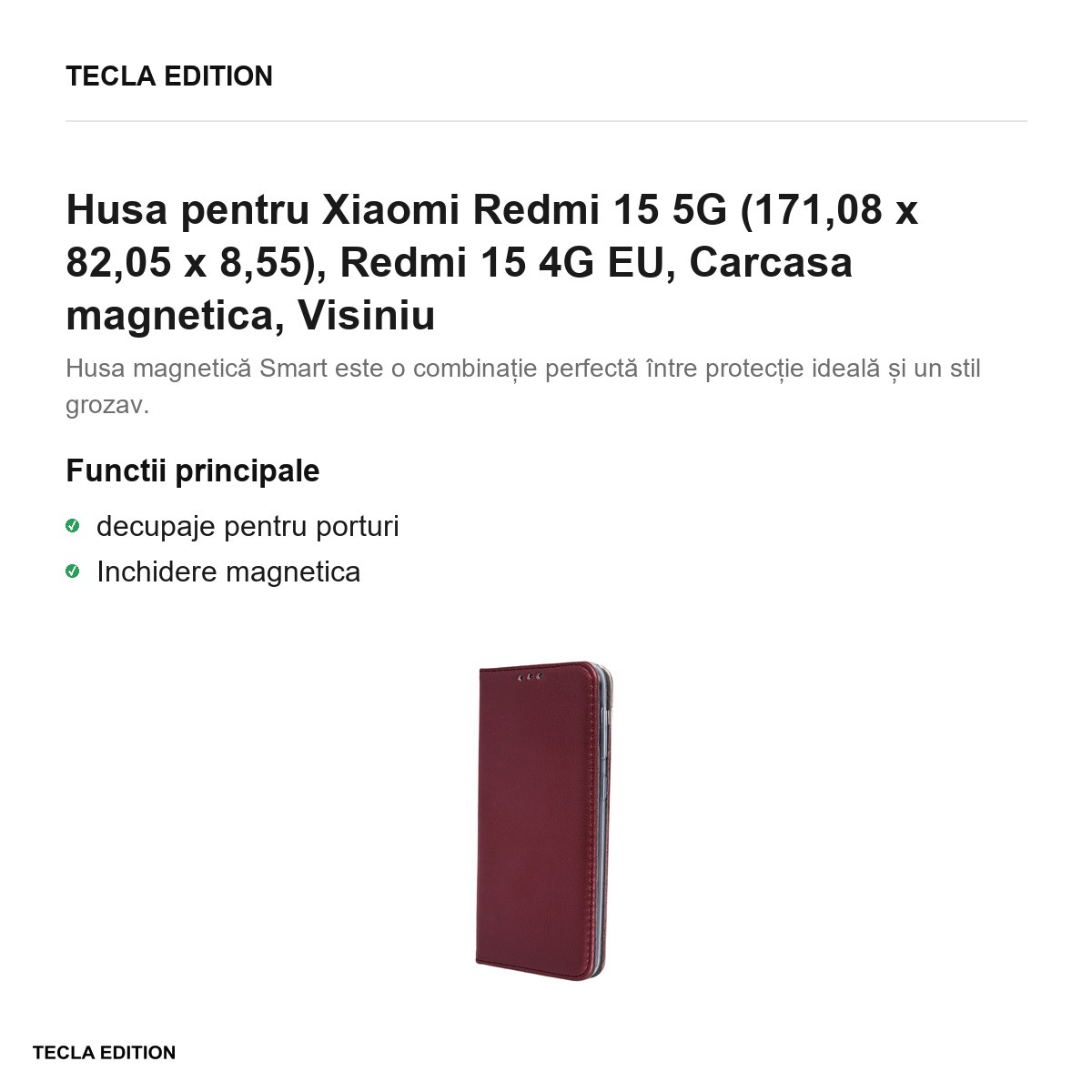 Husa Smart Magnetic pentru Xiaomi Redmi 15 5G, Redmi 15 4G EU, tip carte cu inchidere magnetica, Visiniu [2]