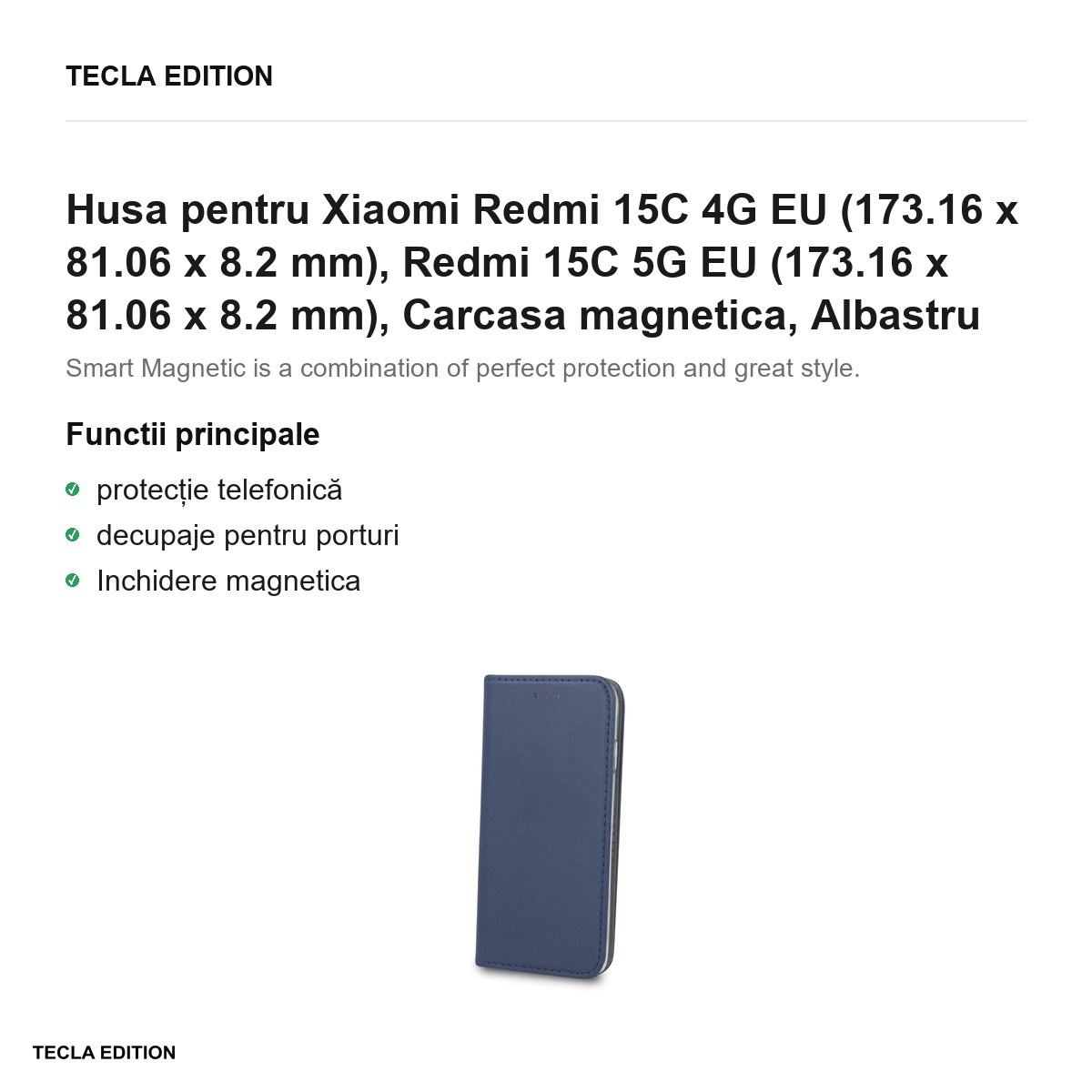 Husa Smart Magnetic pentru Xiaomi Redmi 15C 4G EU, Redmi 15C 5G EU, tip carte cu inchidere magnetica, Albastru [2]