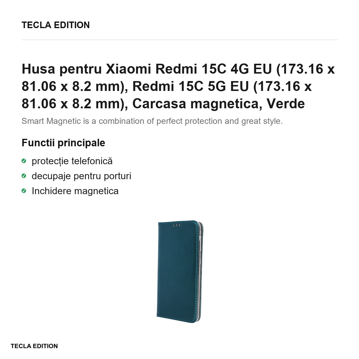 Husa Smart Magnetic pentru Xiaomi Redmi 15C 4G EU, Redmi 15C 5G EU, tip carte cu inchidere magnetica, Verde [2]