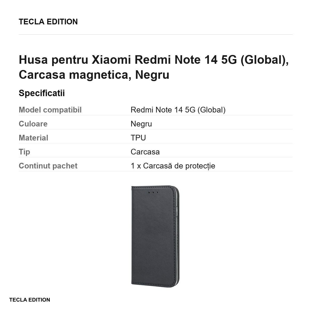 Husa Smart Magnetic pentru Xiaomi Redmi Note 14 5G (Global), tip carte cu inchidere magnetica, Negru [3]