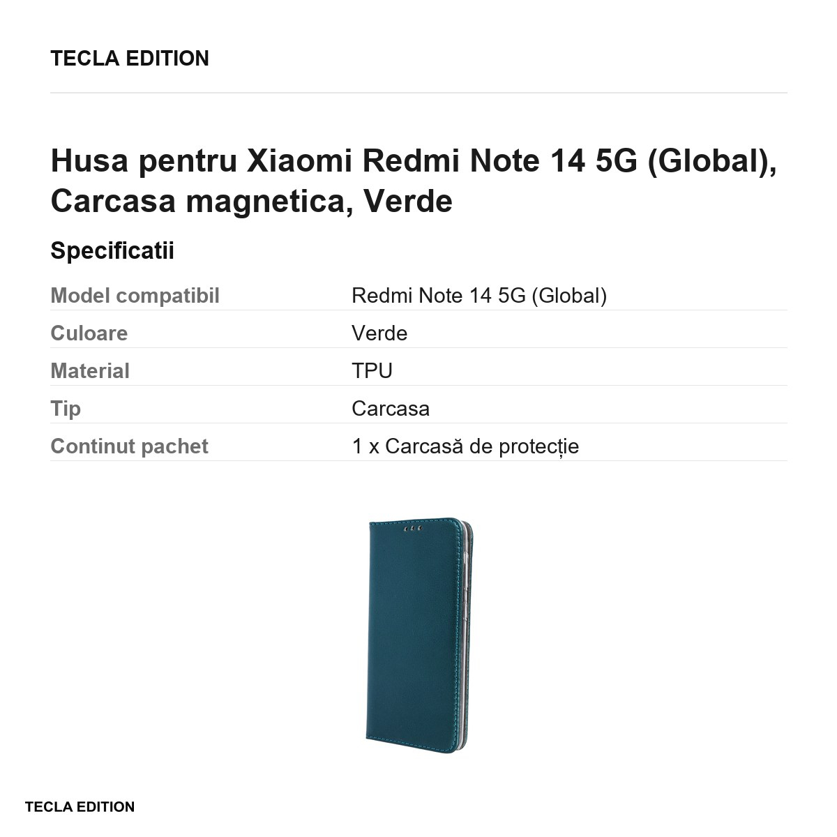 Husa Smart Magnetic pentru Xiaomi Redmi Note 14 5G (Global), tip carte cu inchidere magnetica, Verde [3]