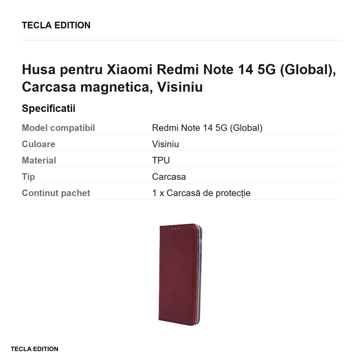 Husa Smart Magnetic pentru Xiaomi Redmi Note 14 5G (Global), tip carte cu inchidere magnetica, Visiniu [3]