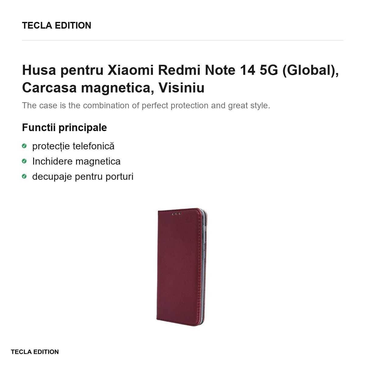 Husa Smart Magnetic pentru Xiaomi Redmi Note 14 5G (Global), tip carte cu inchidere magnetica, Visiniu [2]