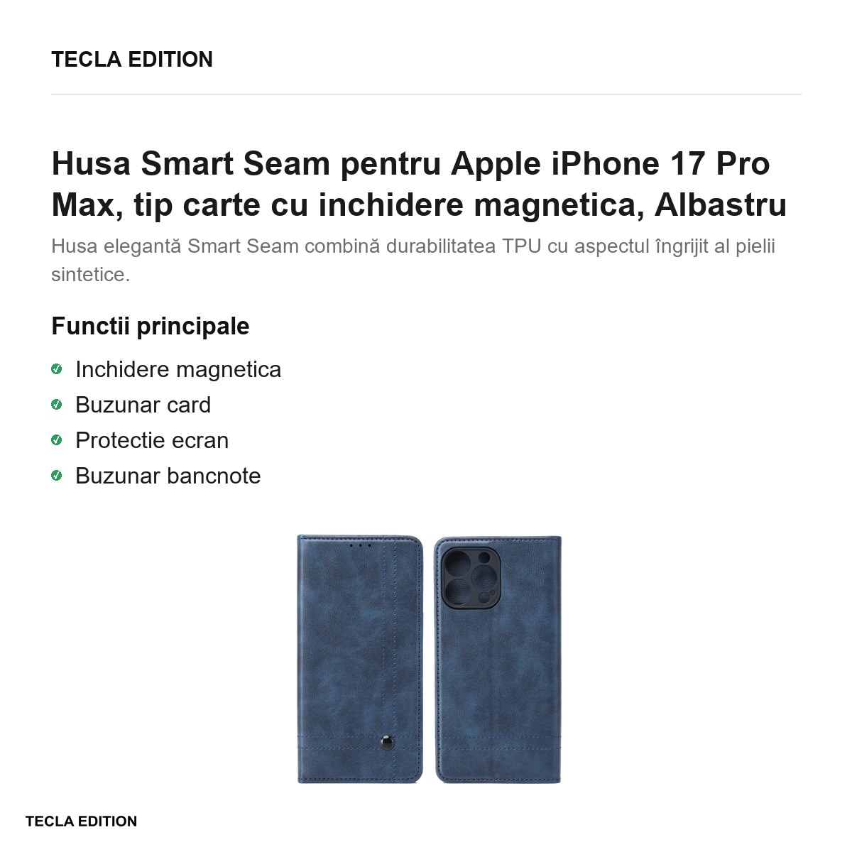 Husa Smart Seam pentru Apple iPhone 17 Pro Max, tip carte cu inchidere magnetica, Albastru [2]