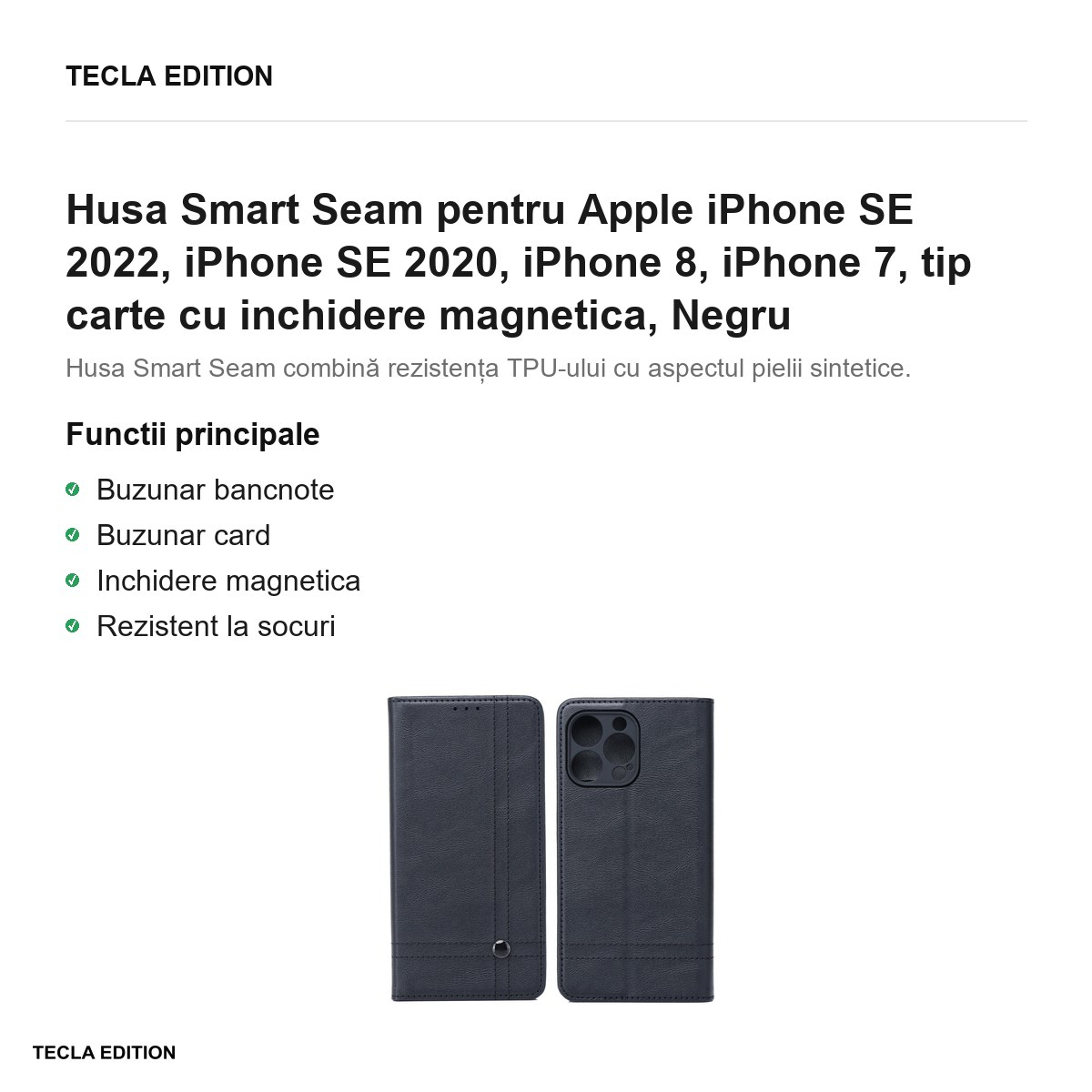 Husa Smart Seam pentru Apple iPhone SE 2022, iPhone SE 2020, iPhone 8, iPhone 7, tip carte cu inchidere magnetica, Negru [2]