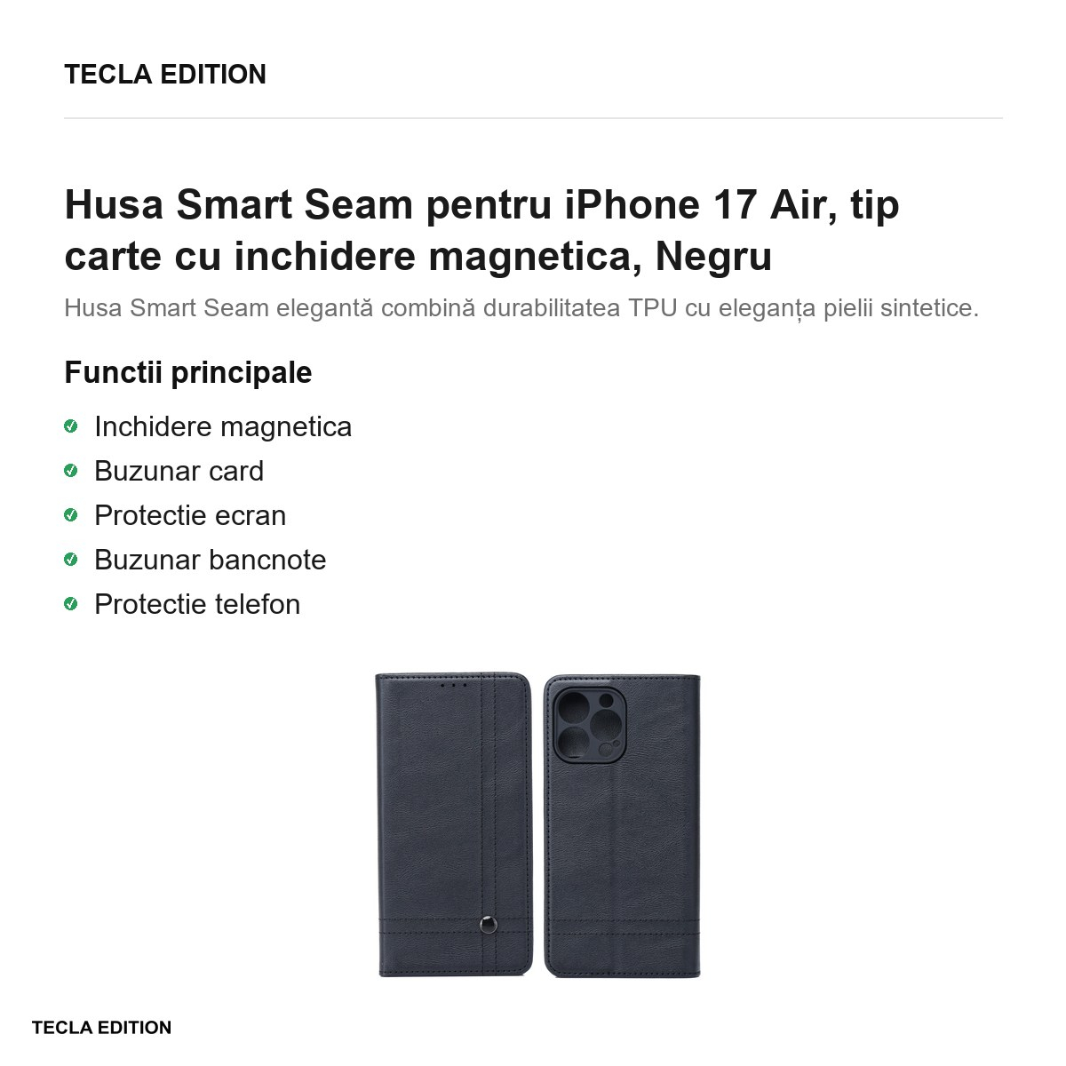 Husa Smart Seam pentru iPhone 17 Air, tip carte cu inchidere magnetica, Negru [2]