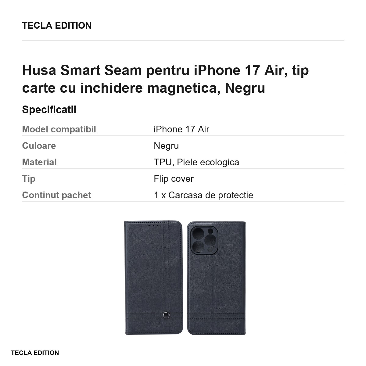 Husa Smart Seam pentru iPhone 17 Air, tip carte cu inchidere magnetica, Negru [3]
