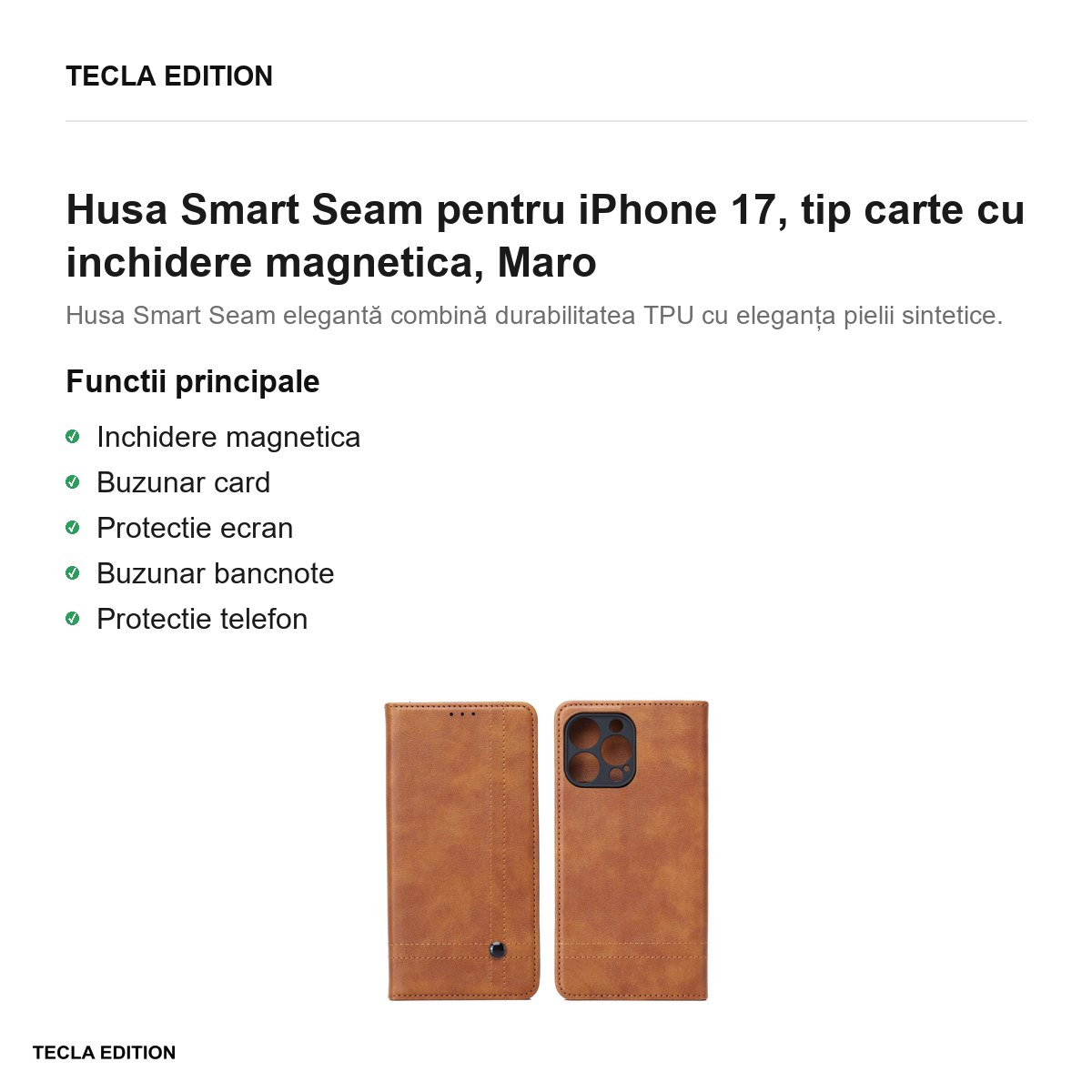 Husa Smart Seam pentru iPhone 17, tip carte cu inchidere magnetica, Maro [2]