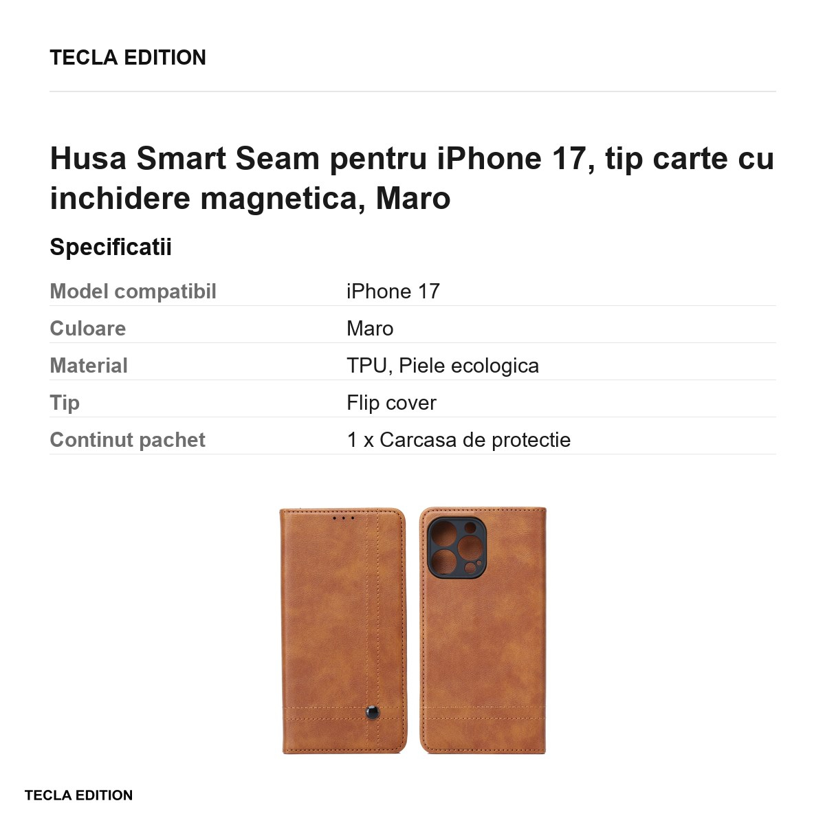 Husa Smart Seam pentru iPhone 17, tip carte cu inchidere magnetica, Maro [3]