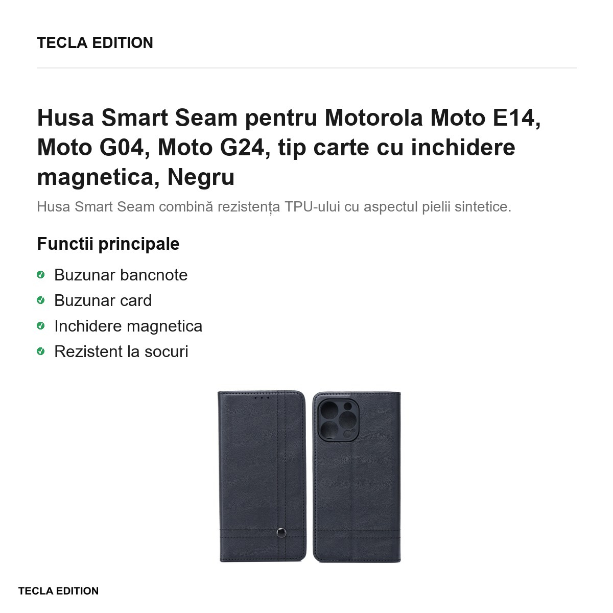Husa Smart Seam pentru Motorola Moto E14, Moto G04, Moto G24, tip carte cu inchidere magnetica, Negru [2]