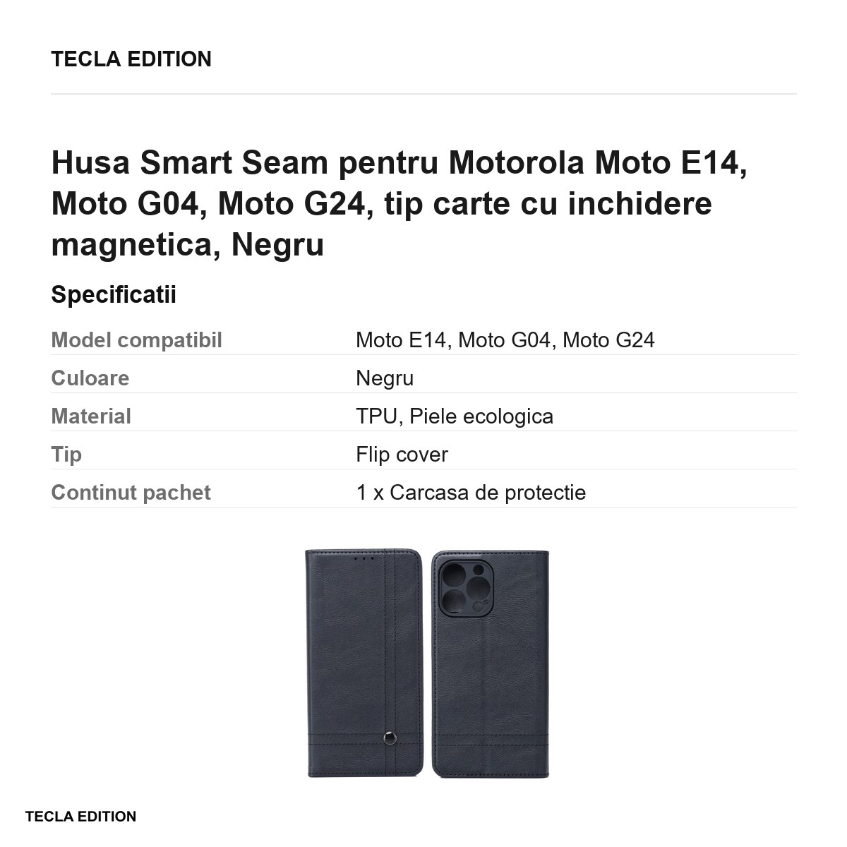 Husa Smart Seam pentru Motorola Moto E14, Moto G04, Moto G24, tip carte cu inchidere magnetica, Negru [3]