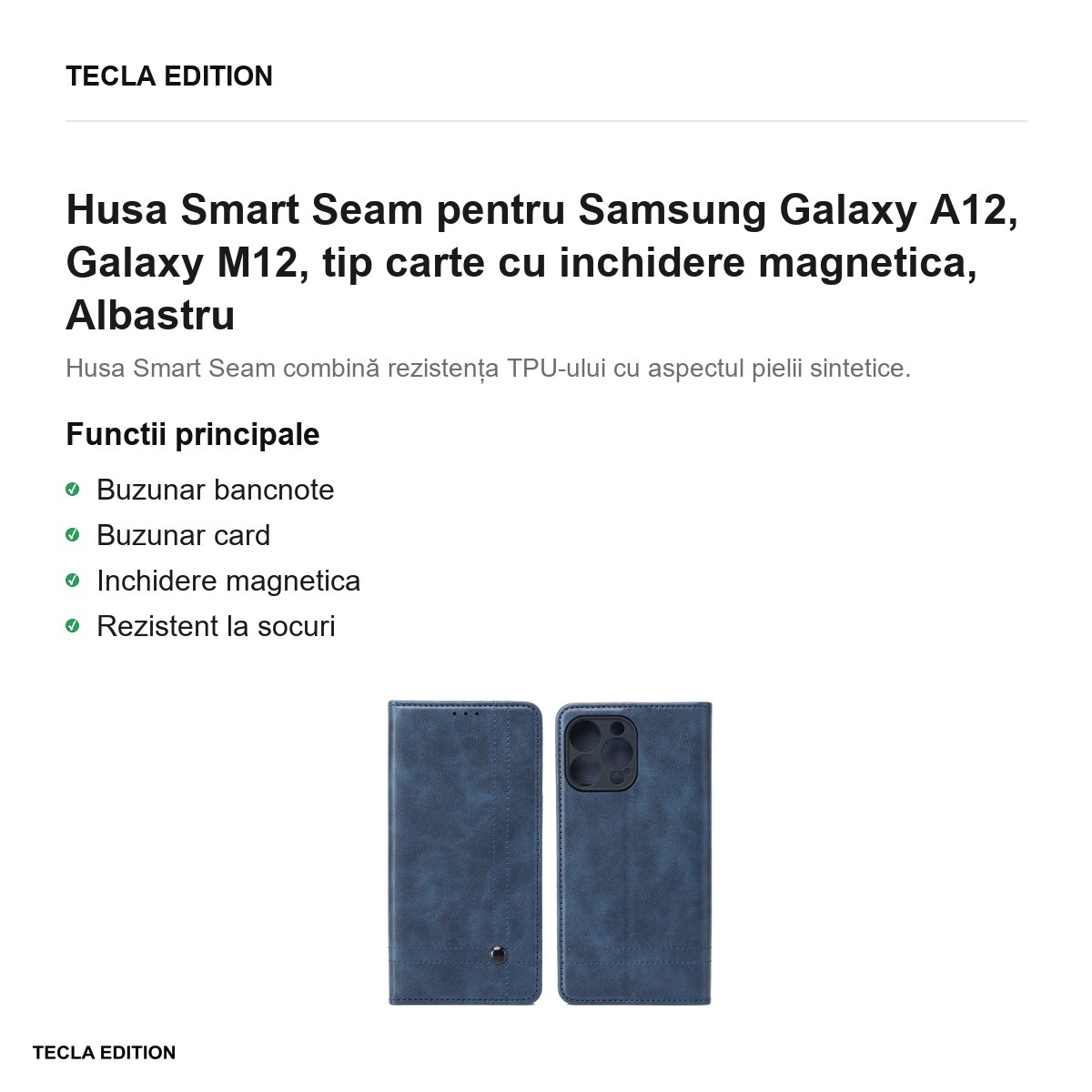 Husa Smart Seam pentru Samsung Galaxy A12, Galaxy M12, tip carte cu inchidere magnetica, Albastru [2]
