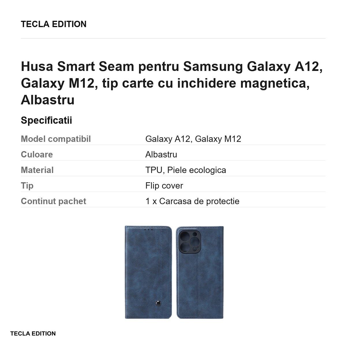 Husa Smart Seam pentru Samsung Galaxy A12, Galaxy M12, tip carte cu inchidere magnetica, Albastru [3]