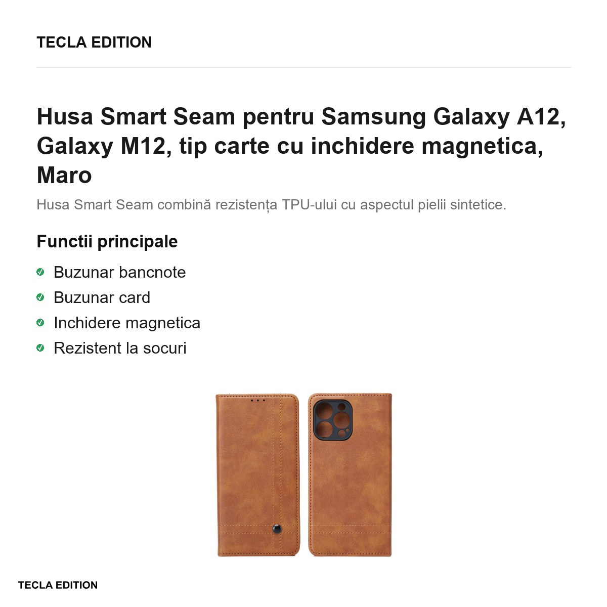 Husa Smart Seam pentru Samsung Galaxy A12, Galaxy M12, tip carte cu inchidere magnetica, Maro [2]