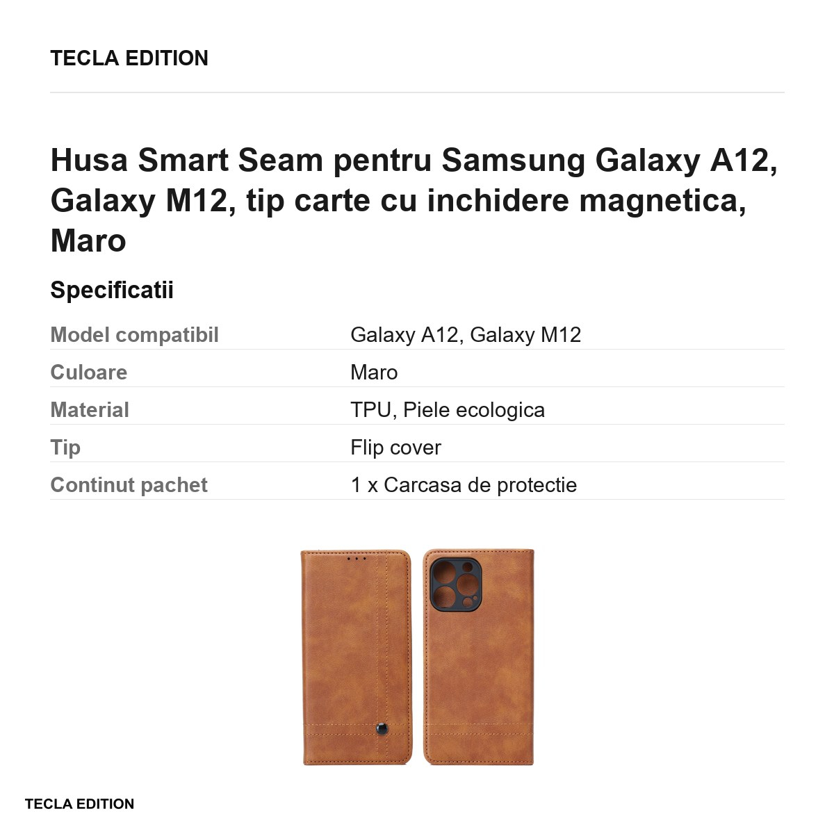 Husa Smart Seam pentru Samsung Galaxy A12, Galaxy M12, tip carte cu inchidere magnetica, Maro [3]