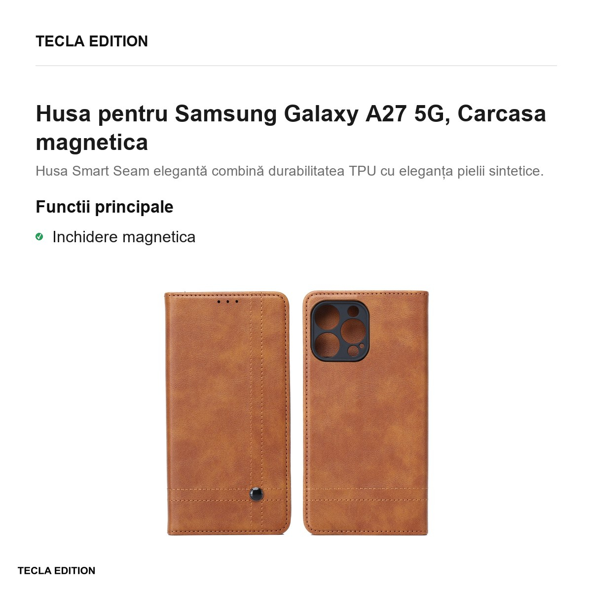 Husa Smart Seam pentru Samsung Galaxy A27 5G, tip carte cu inchidere magnetica, Maro [2]
