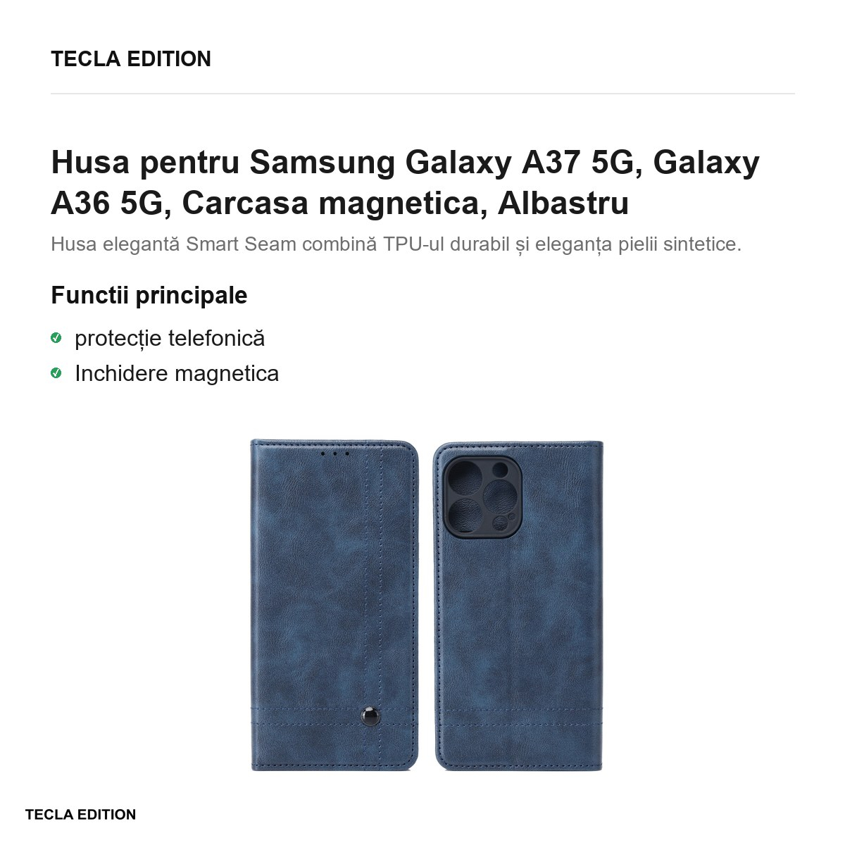 Husa Smart Seam pentru Samsung Galaxy A37 5G, Galaxy A36 5G, tip carte cu inchidere magnetica, Albastru [2]
