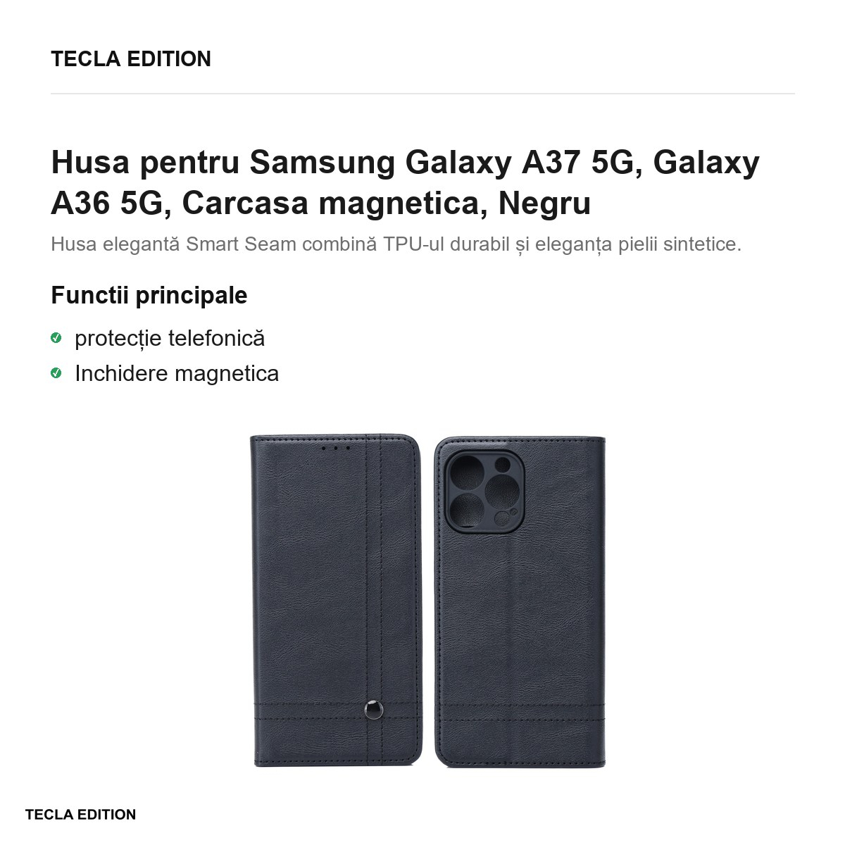 Husa Smart Seam pentru Samsung Galaxy A37 5G, Galaxy A36 5G, tip carte cu inchidere magnetica, Negru [2]