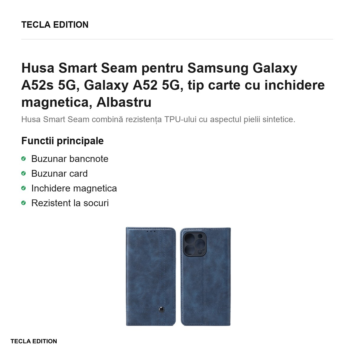 Husa Smart Seam pentru Samsung Galaxy A52s 5G, Galaxy A52 5G, tip carte cu inchidere magnetica, Albastru [2]