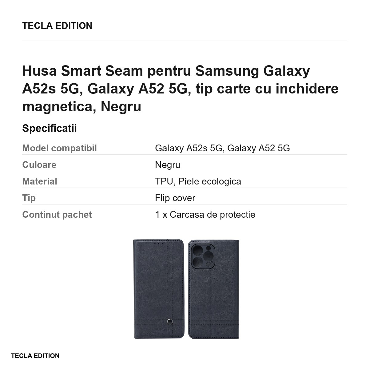 Husa Smart Seam pentru Samsung Galaxy A52s 5G, Galaxy A52 5G, tip carte cu inchidere magnetica, Negru [3]
