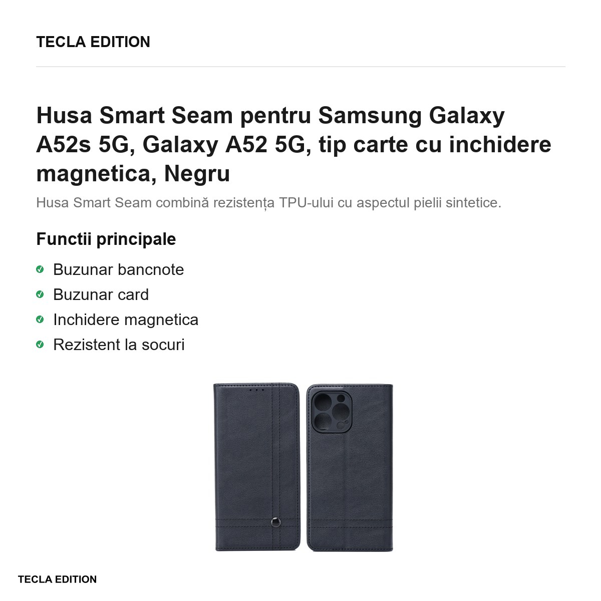 Husa Smart Seam pentru Samsung Galaxy A52s 5G, Galaxy A52 5G, tip carte cu inchidere magnetica, Negru [2]