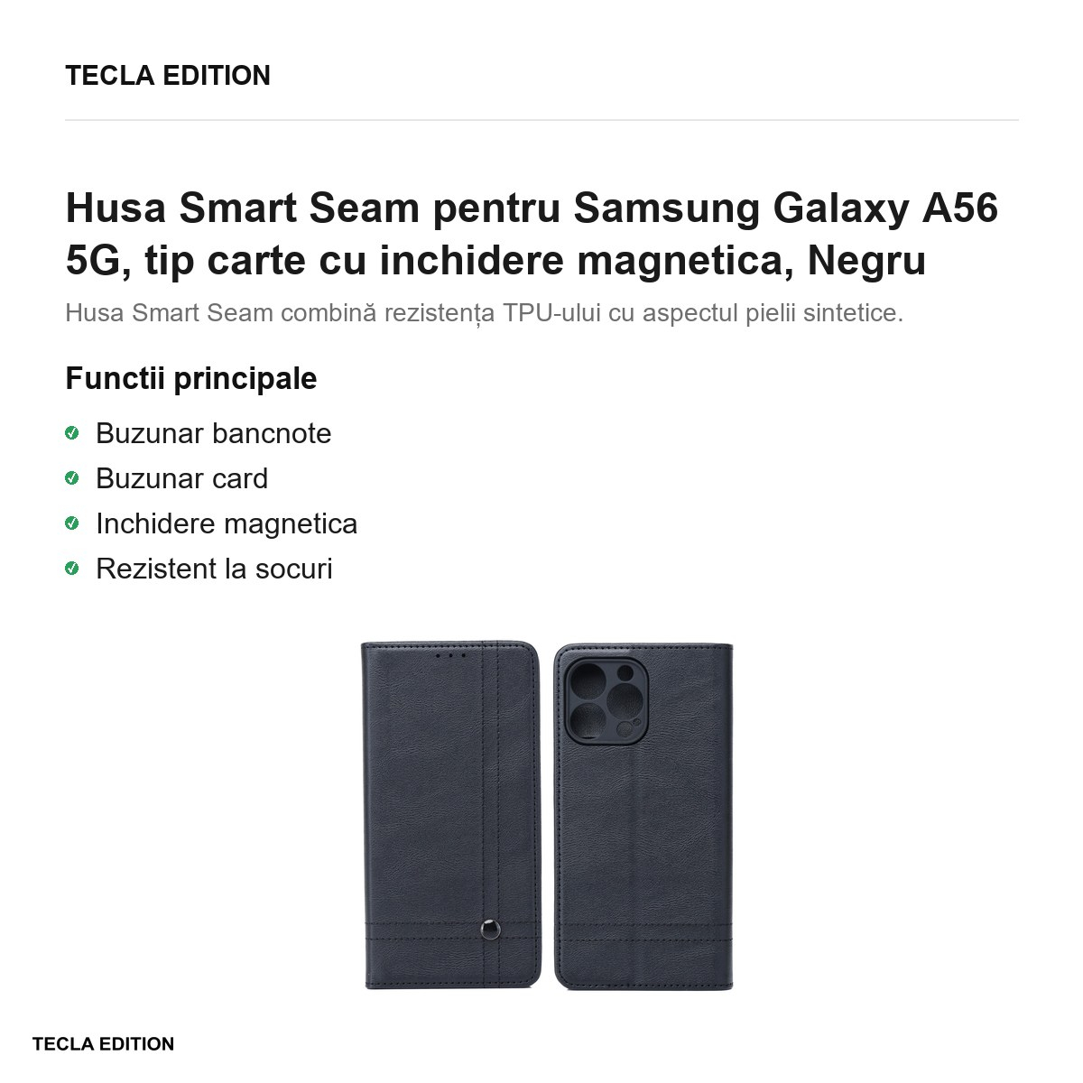 Husa Smart Seam pentru Samsung Galaxy A56 5G, tip carte cu inchidere magnetica, Negru [2]