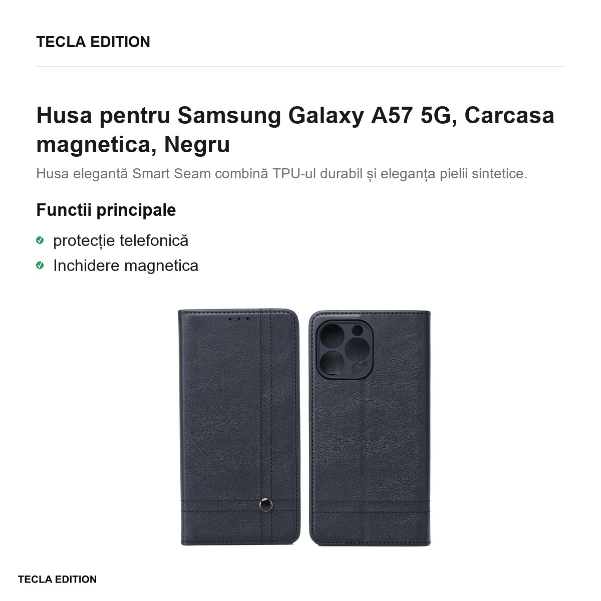 Husa Smart Seam pentru Samsung Galaxy A57 5G, tip carte cu inchidere magnetica, Negru [2]