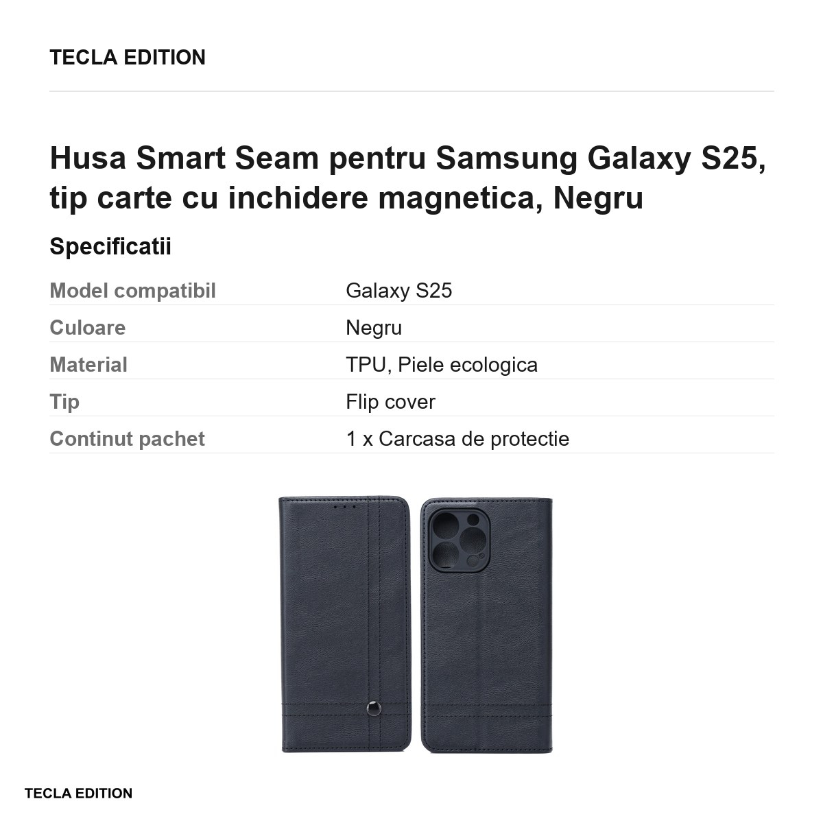 Husa Smart Seam pentru Samsung Galaxy S25, tip carte cu inchidere magnetica, Negru [3]