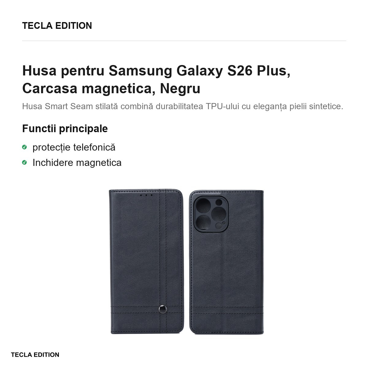 Husa Smart Seam pentru Samsung Galaxy S26 Plus, tip carte cu inchidere magnetica, Negru [2]