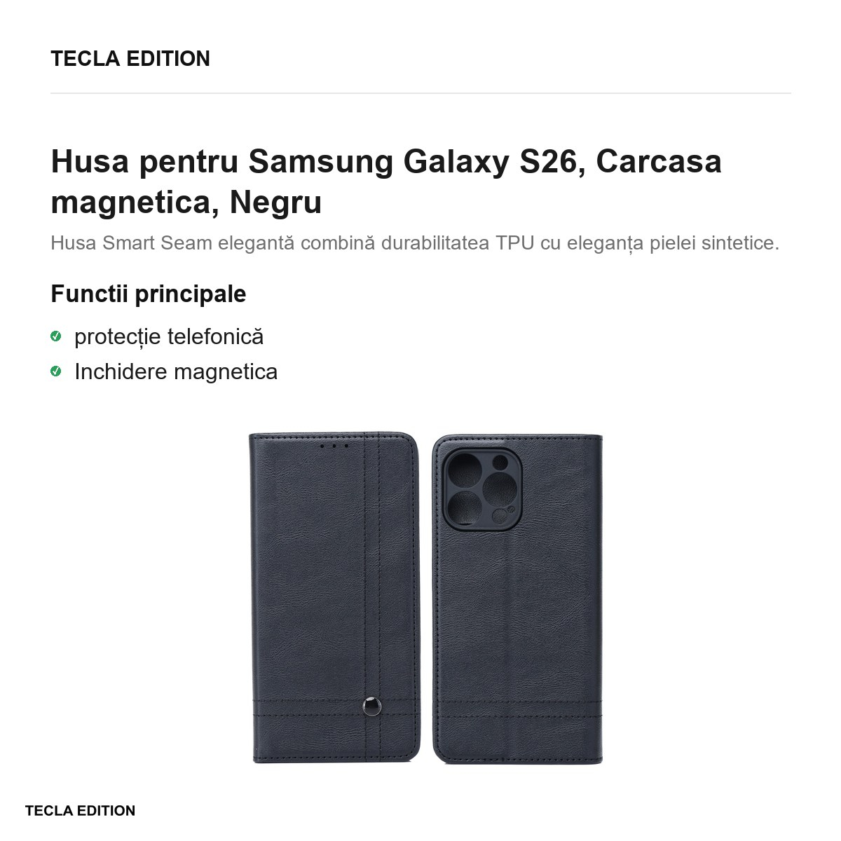 Husa Smart Seam pentru Samsung Galaxy S26, tip carte cu inchidere magnetica, Negru [2]