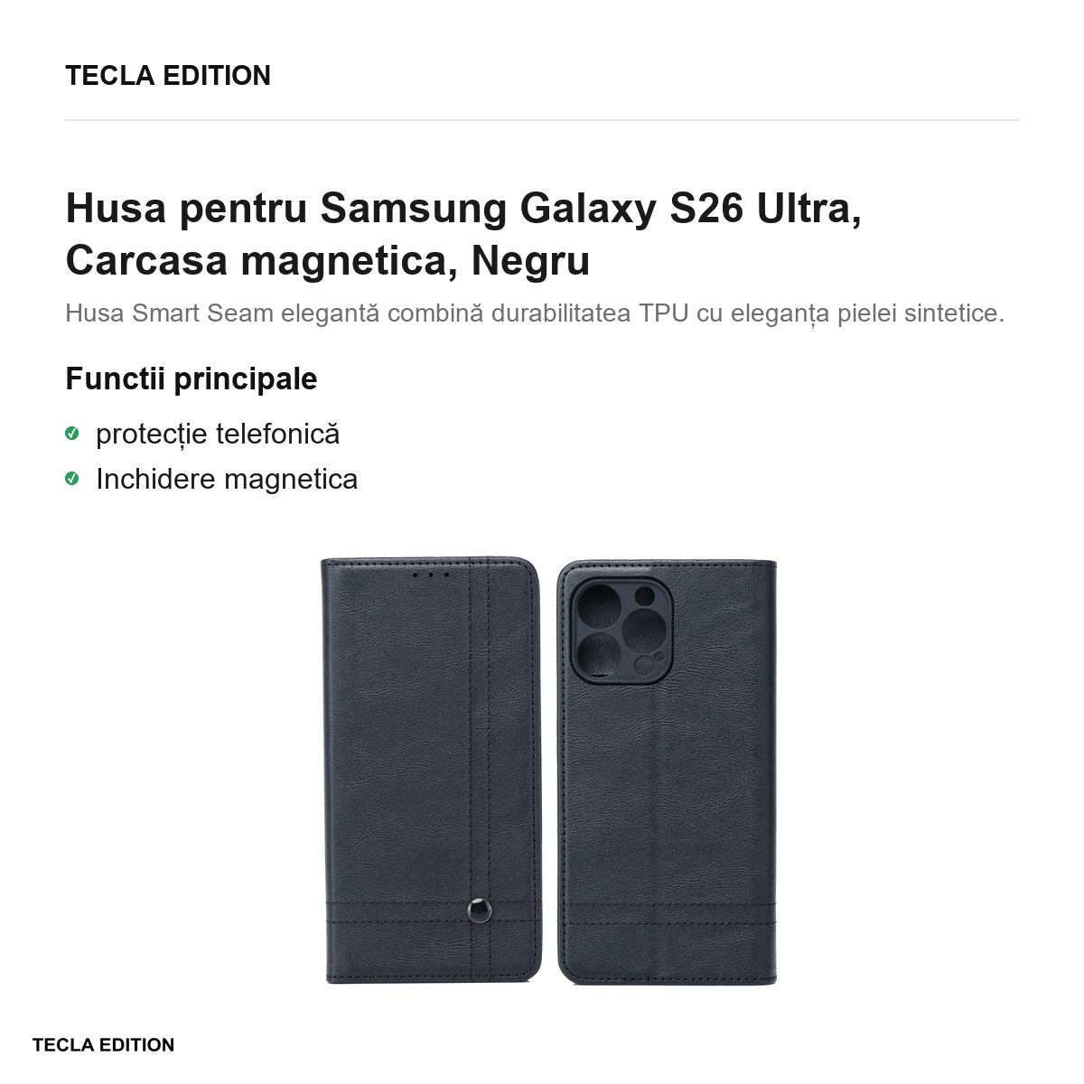 Husa Smart Seam pentru Samsung Galaxy S26 Ultra, tip carte cu inchidere magnetica, Negru [2]