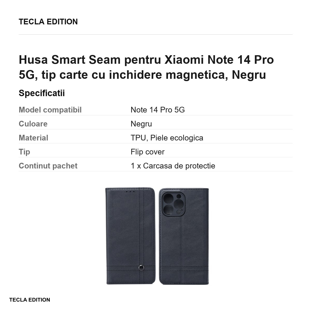 Husa Smart Seam pentru Xiaomi Note 14 Pro 5G, tip carte cu inchidere magnetica, Negru [3]