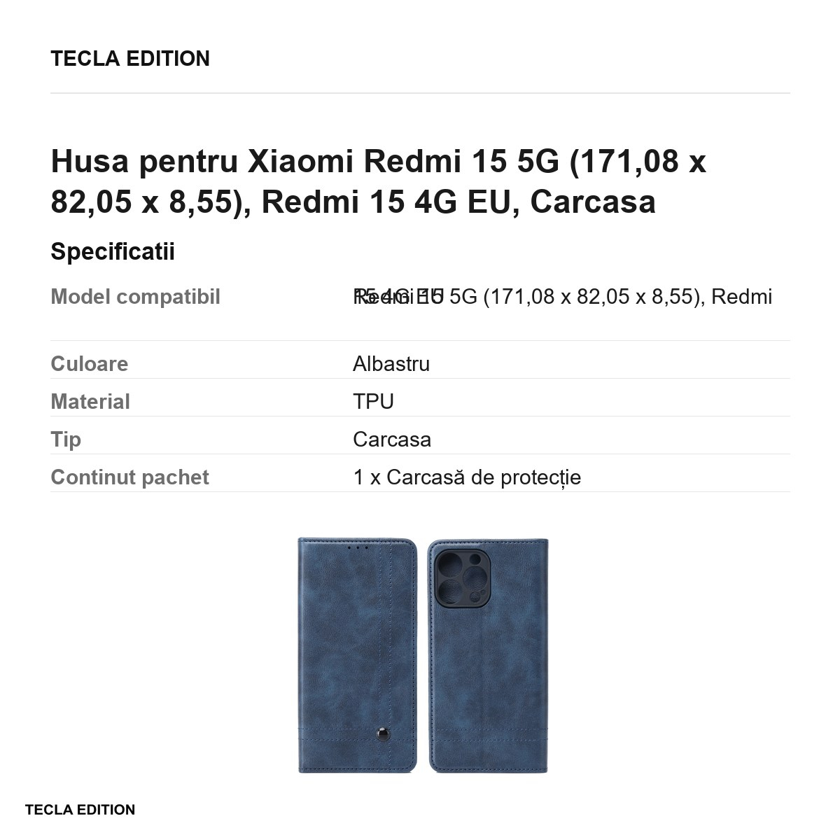 Husa Smart Seam pentru Xiaomi Redmi 15 5G, Redmi 15 4G EU, tip carte cu inchidere magnetica, Albastru [3]