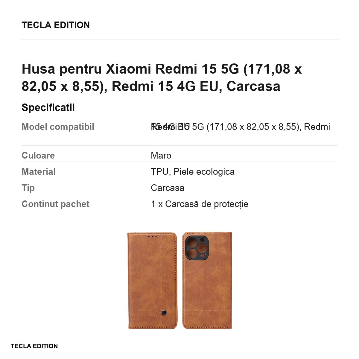 Husa Smart Seam pentru Xiaomi Redmi 15 5G, Redmi 15 4G EU, tip carte cu inchidere magnetica, Maro [3]