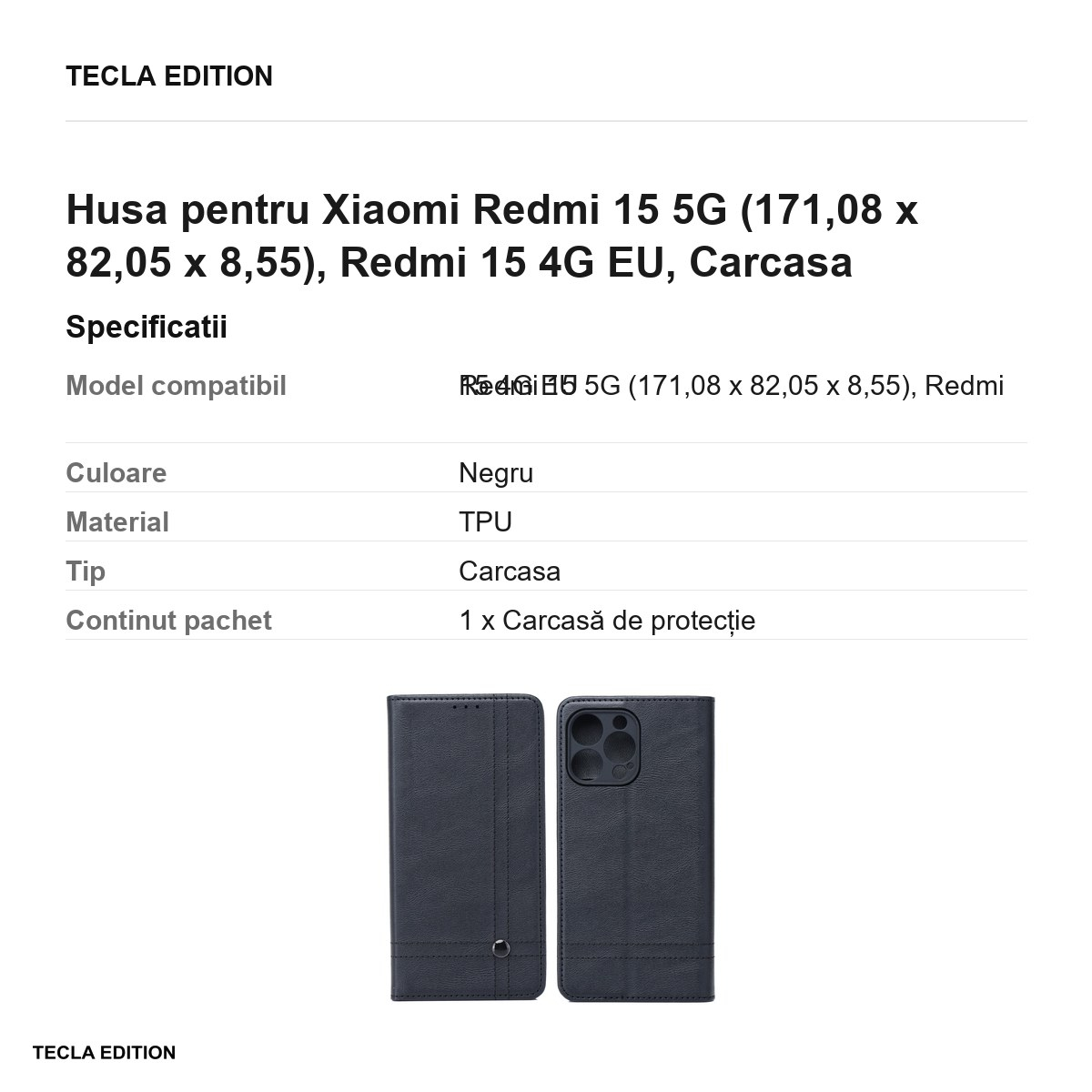 Husa Smart Seam pentru Xiaomi Redmi 15 5G, Redmi 15 4G EU, tip carte cu inchidere magnetica, Negru [3]