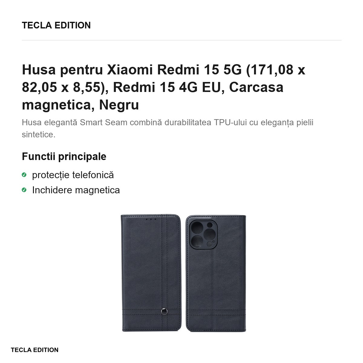 Husa Smart Seam pentru Xiaomi Redmi 15 5G, Redmi 15 4G EU, tip carte cu inchidere magnetica, Negru [2]