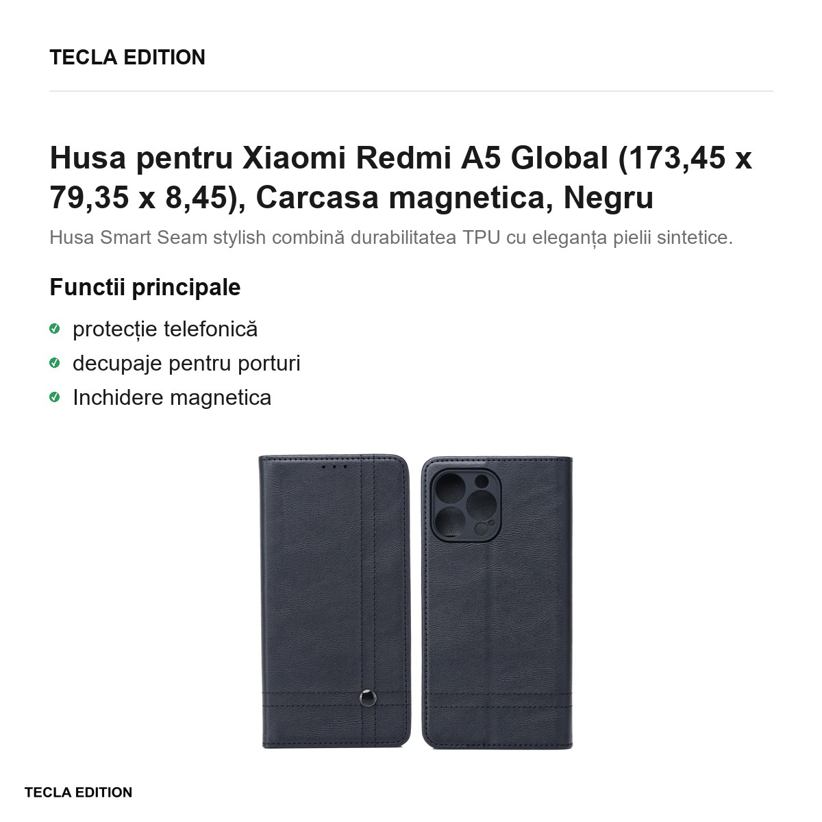 Husa Smart Seam pentru Xiaomi Redmi A5 Global, tip carte cu inchidere magnetica, Negru [2]