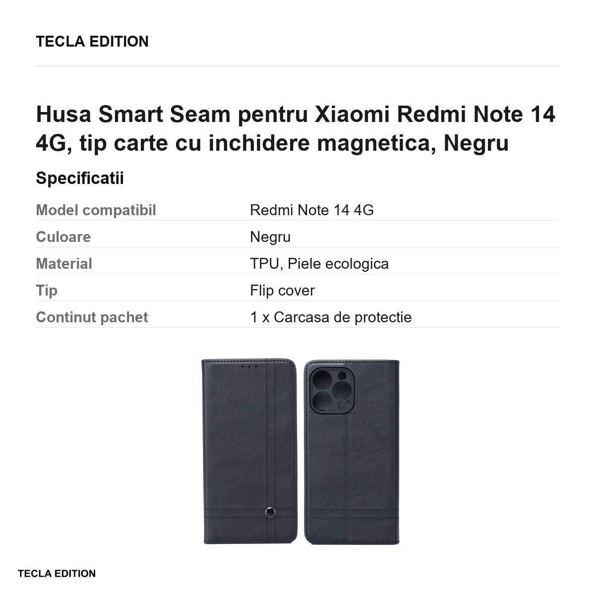 Husa Smart Seam pentru Xiaomi Redmi Note 14 4G, tip carte cu inchidere magnetica, Negru [3]
