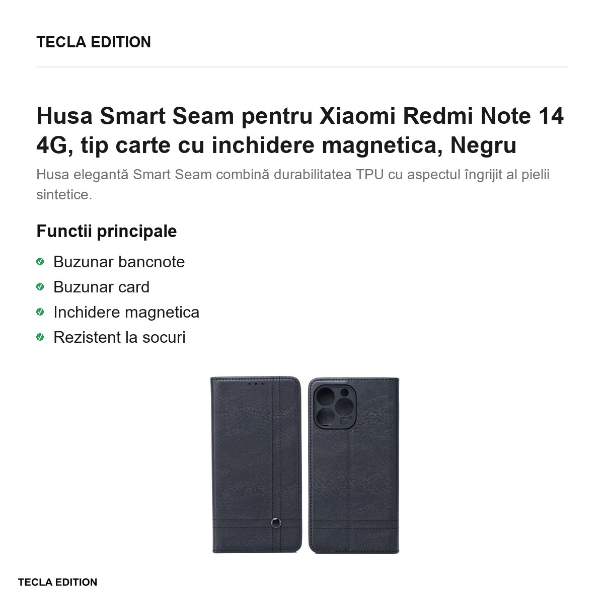 Husa Smart Seam pentru Xiaomi Redmi Note 14 4G, tip carte cu inchidere magnetica, Negru [2]