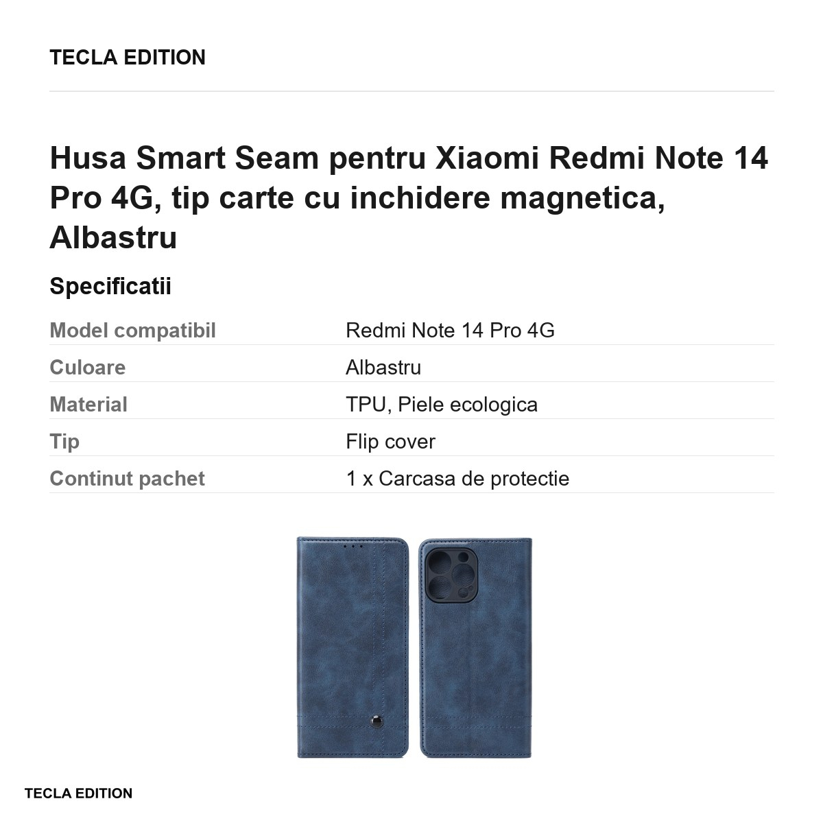 Husa Smart Seam pentru Xiaomi Redmi Note 14 Pro 4G, tip carte cu inchidere magnetica, Albastru [3]