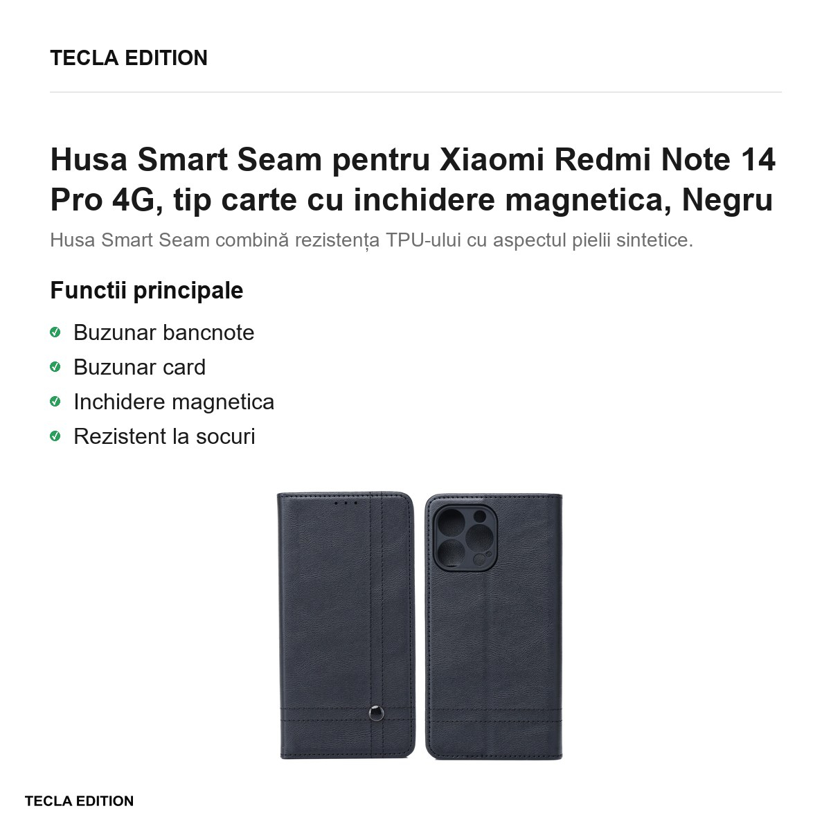 Husa Smart Seam pentru Xiaomi Redmi Note 14 Pro 4G, tip carte cu inchidere magnetica, Negru [2]