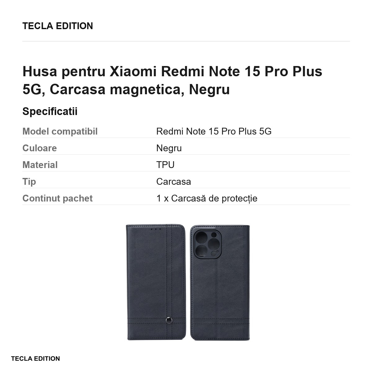 Husa Smart Seam pentru Xiaomi Redmi Note 15 Pro Plus 5G, tip carte cu inchidere magnetica, Negru [3]