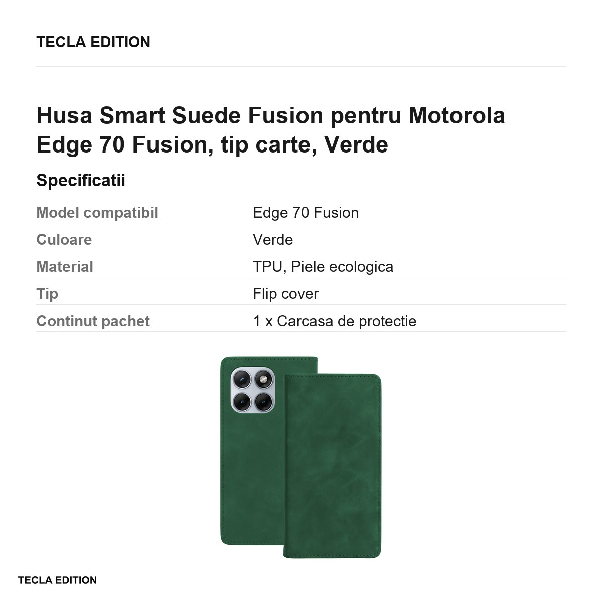 Husa Smart Suede Fusion pentru Motorola Edge 70 Fusion, tip carte, Verde [3]