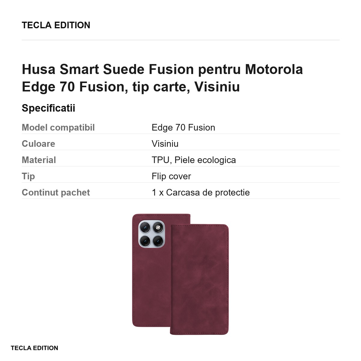 Husa Smart Suede Fusion pentru Motorola Edge 70 Fusion, tip carte, Visiniu [3]