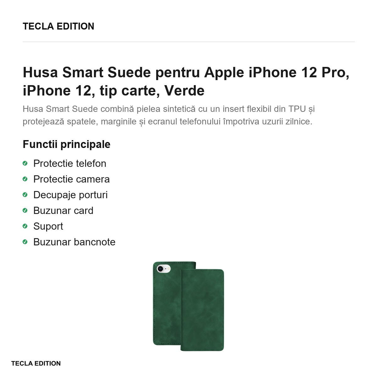 Husa Smart Suede pentru Apple iPhone 12 Pro, iPhone 12, tip carte, Verde [2]