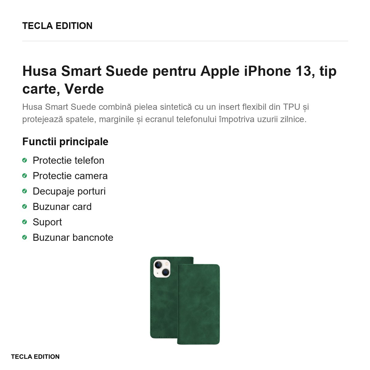 Husa Smart Suede pentru Apple iPhone 13, tip carte, Verde [2]