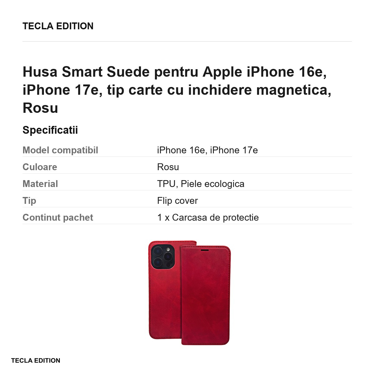 Husa Smart Suede pentru Apple iPhone 16e, iPhone 17e, tip carte cu inchidere magnetica, Rosu [3]