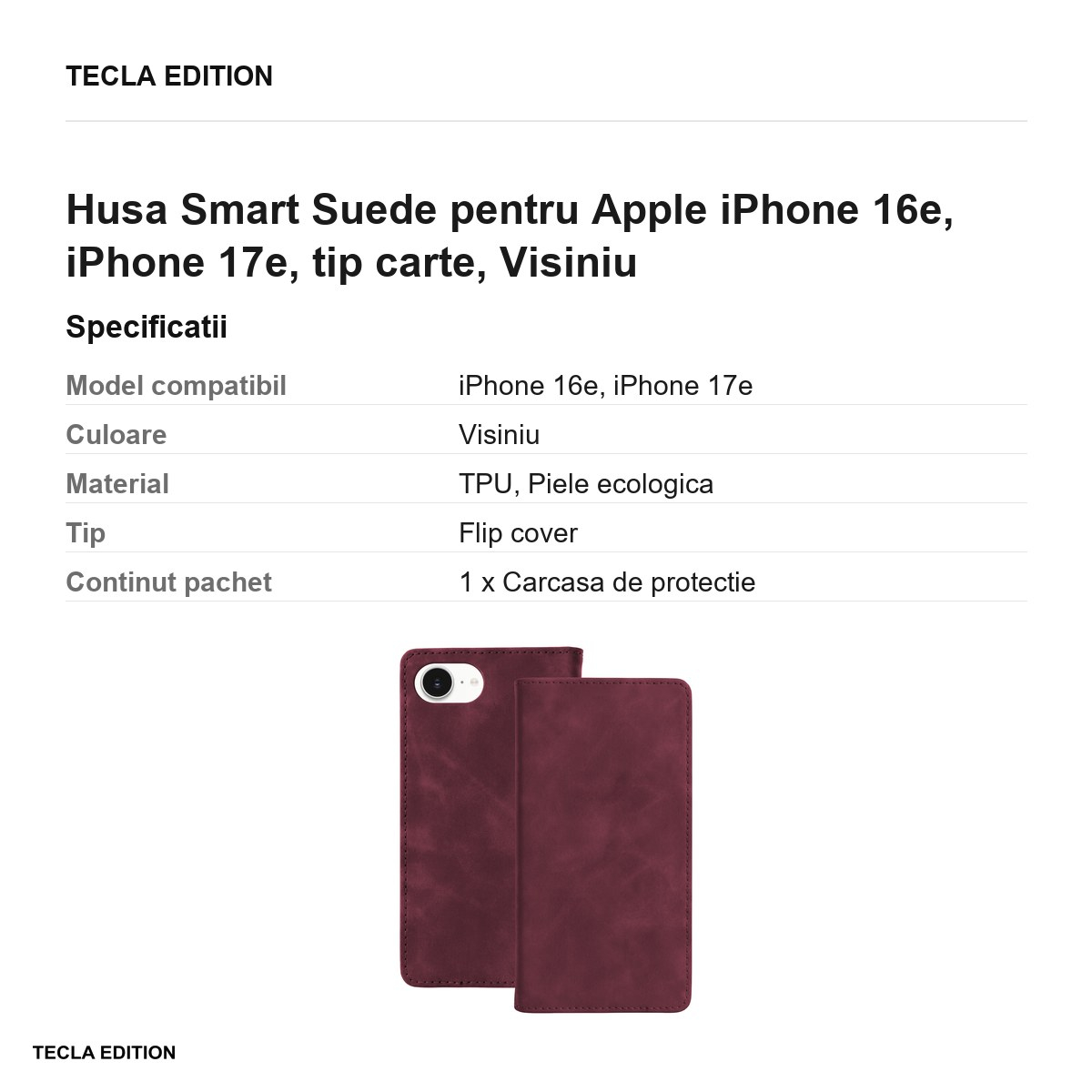 Husa Smart Suede pentru Apple iPhone 16e, iPhone 17e, tip carte, Visiniu [3]