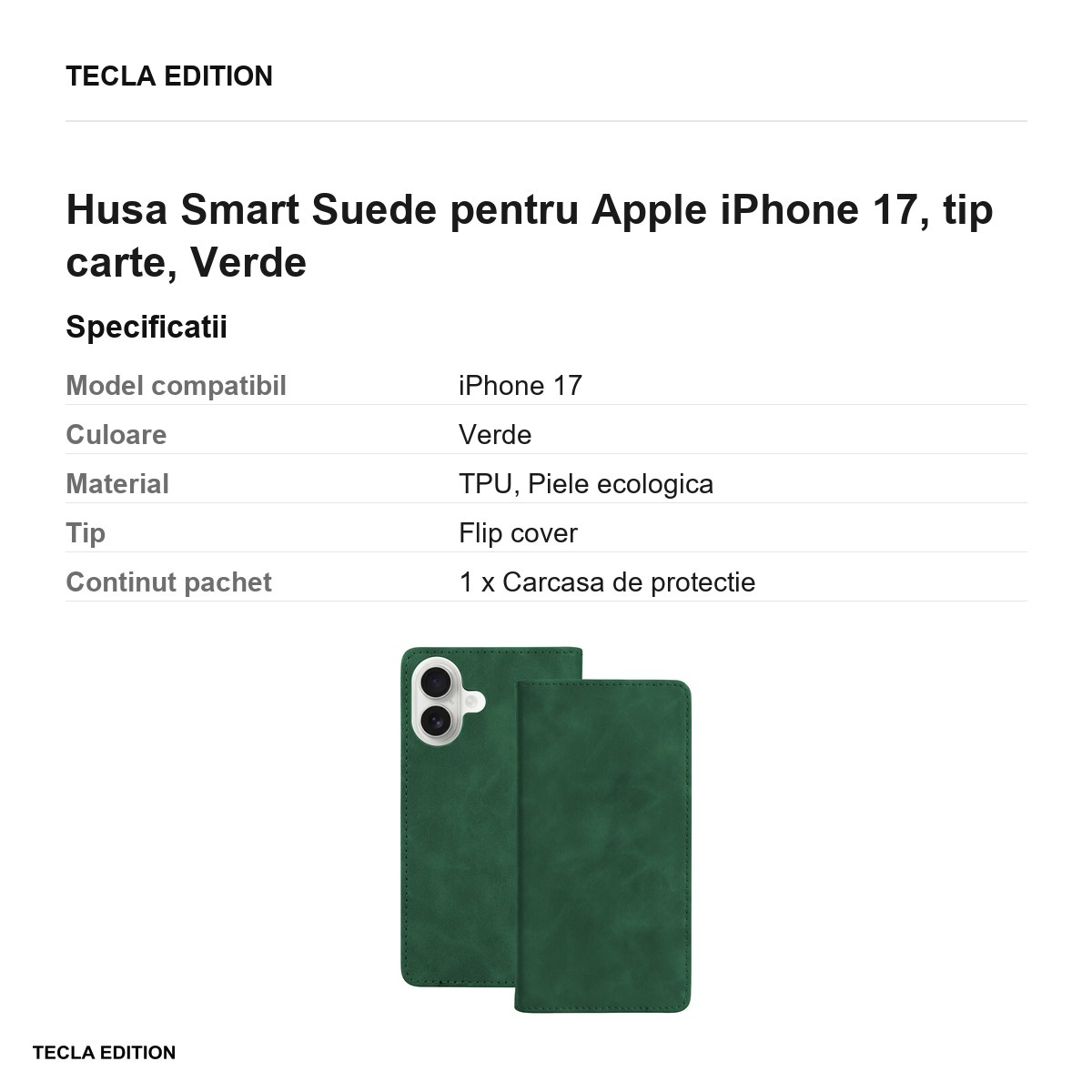 Husa Smart Suede pentru Apple iPhone 17, tip carte, Verde [3]